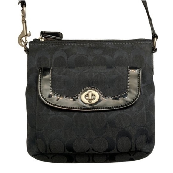 Coach Black Signature Fabric Patent Leather Turn-Key Crossbody Purse Bag - Picture 2 of 7